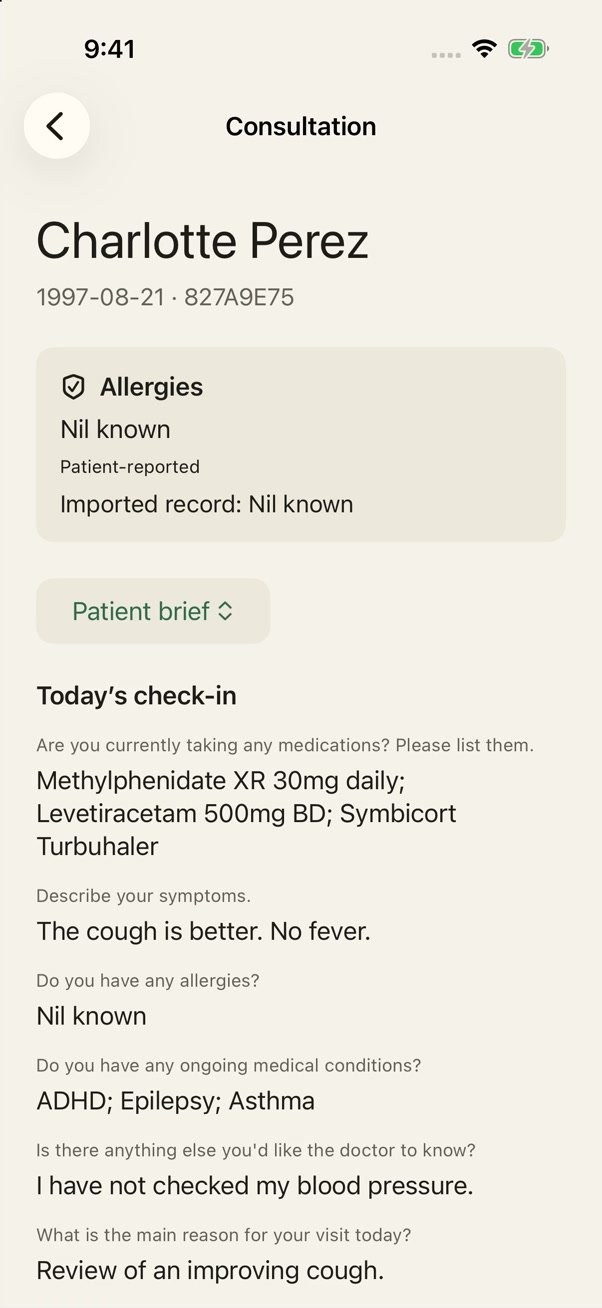 SteadyCare on the GP’s iPhone: the patient brief, recorded allergies and today’s check-in.
