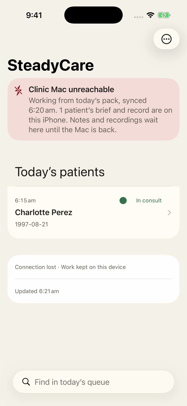 Actual GP iPhone screen during the demonstration outage: the Mac is unreachable and the saved patient record remains available.